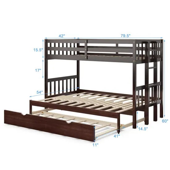 Dark Brown White Wood 4-in-1 Convertible Bunk Bed with Trundle and Ladder Espresso {4}