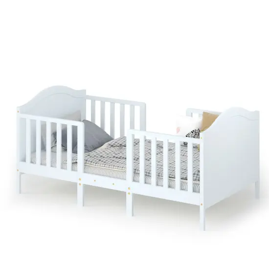 2-in-1 Classic Convertible Wooden Toddler Bed with 2 Side Guardrails for Extra Safety White {1}