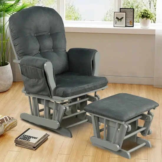 Solid Wood Gliding Chair Set with Pockets and Ottoman for Relaxing Dark Grey {2}
