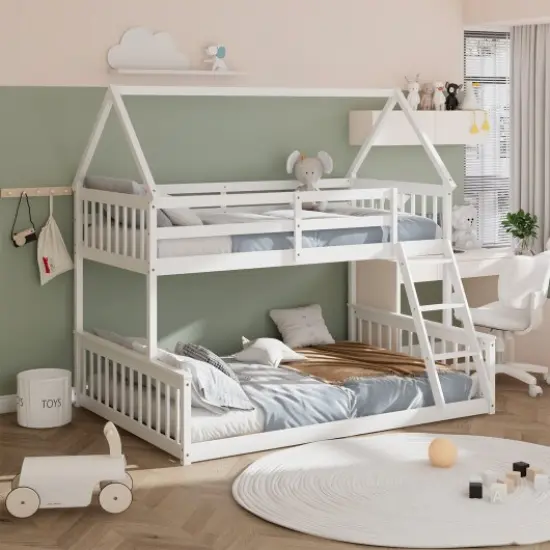 Twin Over Full House Bunk Bed with Ladder and Guardrails-White {1}