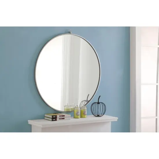 Metal frame Round Mirror with decorative hook 36 inch Silver finish {4}
