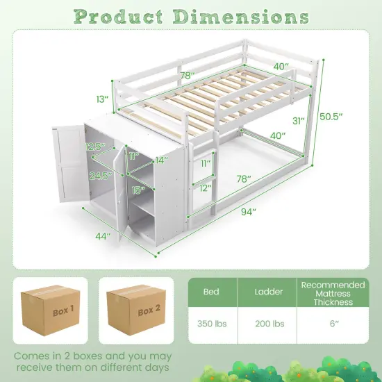 Twin Size Bunk Bed with Convertible Bookcase and Ladder-White {5}