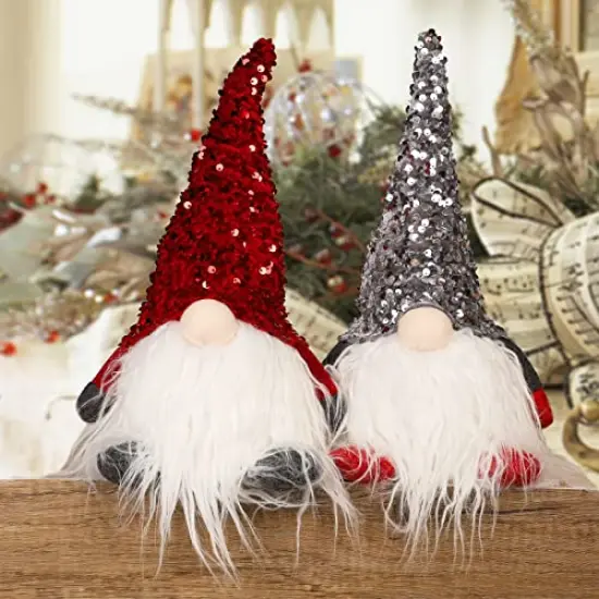 12" Lighted Christmas Gnome, Handmade Sequins Hat Scandinavian Swedish Tomte, Light Up Plush Elf Toy Holiday Present, Battery Operated Winter Tabletop Christmas Decorations, 2 Set {3}