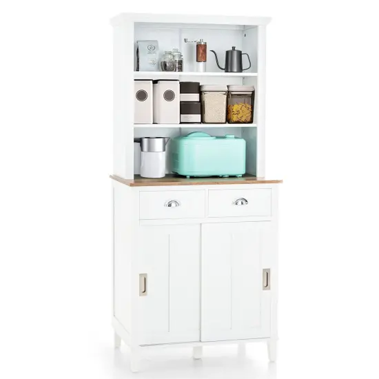 Freestanding Kitchen Pantry with Hutch Sliding Door and Drawer-White {1}