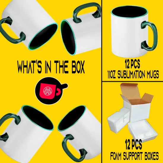 Hunter Green Sublimation Mugs - 12 Pack (11oz) | Hurter Green Interior And Handle | Individually Packaged | Foam Support Boxes {2}