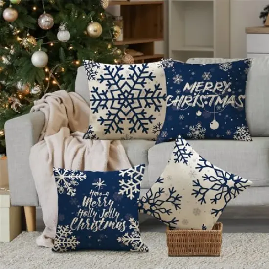 KISVODS Christmas Pillow Covers 18×18 Set of 4 Christmas Decorations Christmas Throw Pillow Covers Holiday Rustic Linen Christmas Pillow Case for Sofa Couch Blue Snowflake Pillow Covers {6}