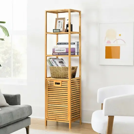 Bamboo Tower Hamper Organizer with 3-Tier Storage Shelves-Natural {6}