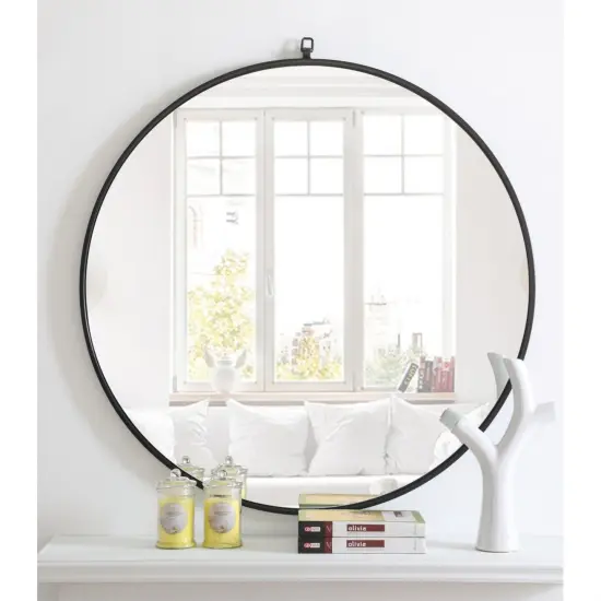 Metal frame Round Mirror with decorative hook 36 inch Black finish {2}