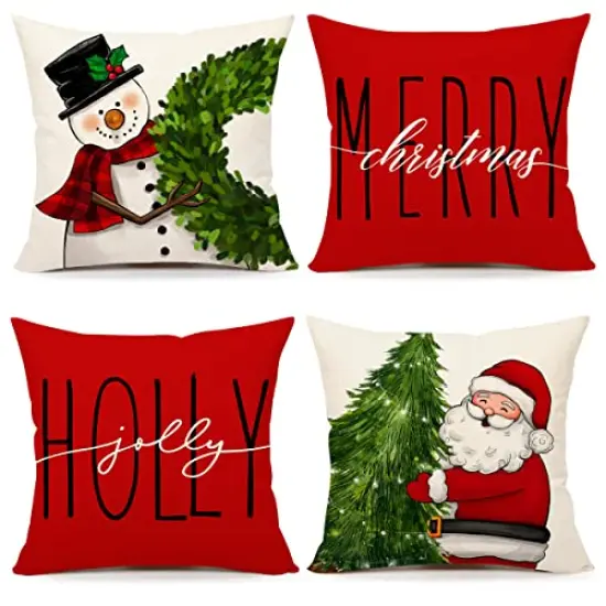 Red Christmas Pillow Covers 18x18 Set of 4 Farmhouse Christmas Decorations Snowman Wreath Santa Claus Tree Merry Christmas Holly Jolly Winter Holiday Decor Throw Cushion Case for Home Couch S22C17 {1}