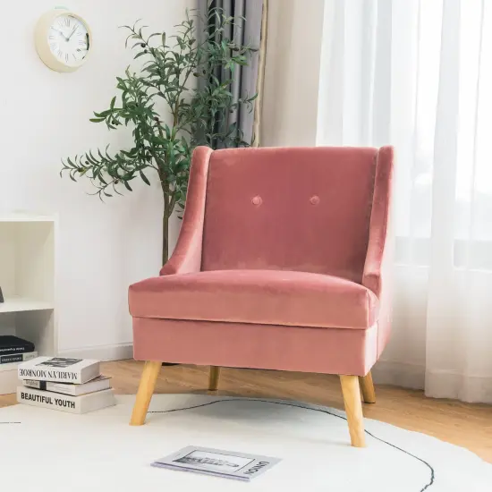 Velvet Wingback Armchair with Rubber Wood Legs-Pink {2}