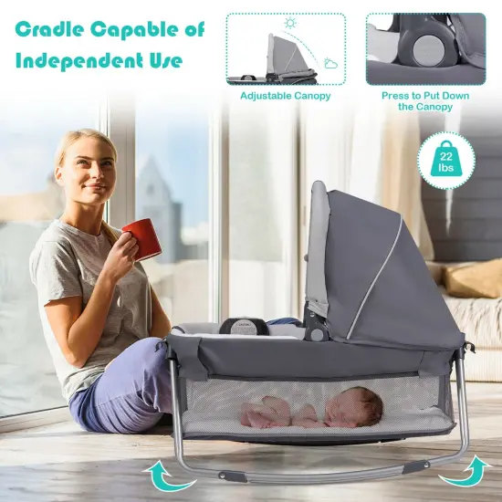 4-in-1 Convertible Portable Baby Play yard with 2 Hanging Toys and Music Box Grey {5}