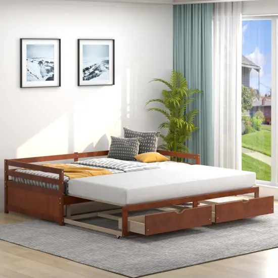 Wood Extendable Daybed with Storage Drawers and Slats Brown {3}