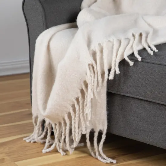 Northlight Cream Brushed Woven Throw Blanket with Fringe 50" x 60" Ivory {4}