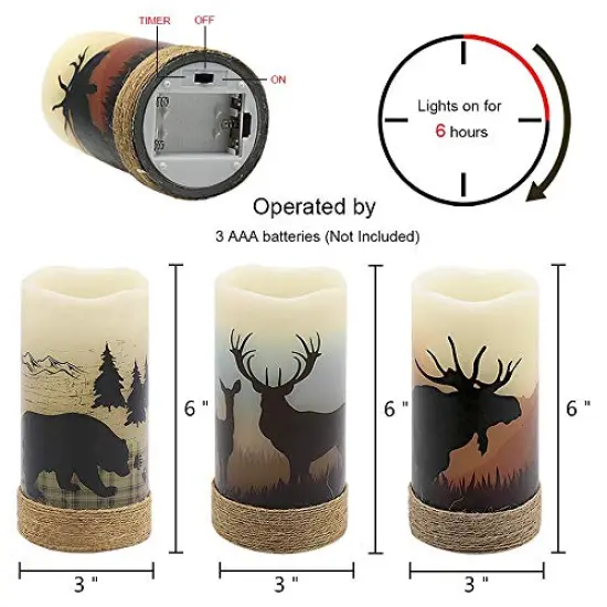 Flameless Flickering Led Candles with Hemp Rope and 6H Timer, Battery Operated Set of 3 Real Wax Pillar Rustic Candles Warm Light with Deer, Moose, Bear Decals Decor Christmas Home(D3 x H6) {2}