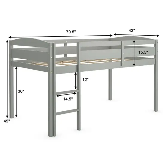 Wooden Twin Low Loft Bunk Bed with Guard Rail and Ladder Grey {5}