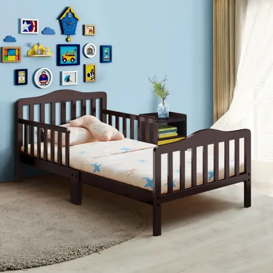 Classic Design Kids Wood Bed Frame with Two Side Safety Guardrails Brown {2}