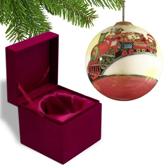 Baby First Christmas Teddy Bear Train Hand Painted Glass Hanging Ornament {3}