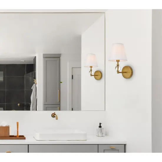 Bethany 1 light bath sconce in brass with white fabric shade {2}