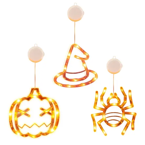 Halloween Window Light - 3 Pack of Spider Witch Hat Pumpkin Orange Light | Hanging Halloween Decoration Light with Suction Cup and Hanging Holes {1}