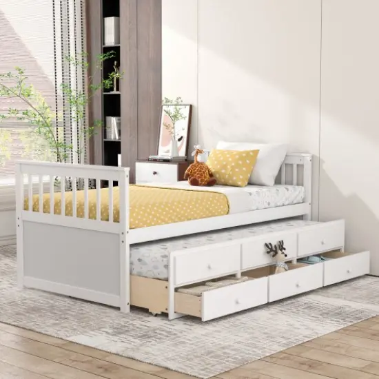 Pine Wood Twin Captain&rsquo;s Bed with Trundle and 3 Storage Drawers White {2}