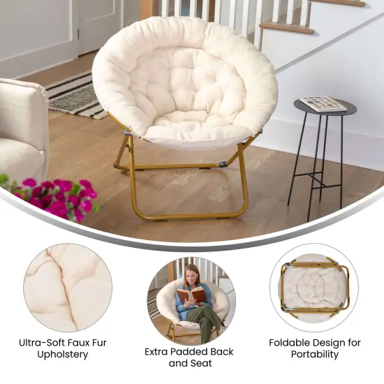 Emma and Oliver Ersa Oversize Folding Saucer Chair with Cozy Faux Fur Cushion and Metal Frame for Dorms, Bedrooms, Apartments and More IvorySherpa/SoftGold {4}