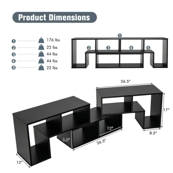 3 Pieces Console TV Stand for TVs up to 65 Inch with Shelves Black {5}