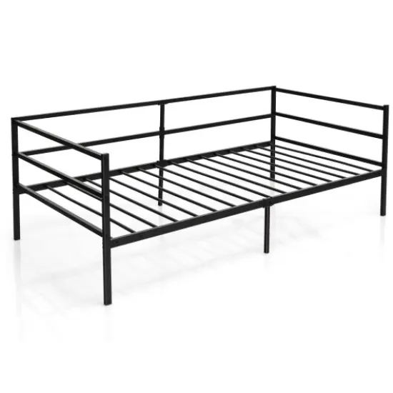Twin Size Metal Daybed Frame with Metal Slat Support and 3-Sided Guardrails {1}