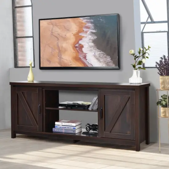 59 Inches TV Media Console Table with 2 Storage Cabinet and Adjustable Removable Shelf Brown {2}