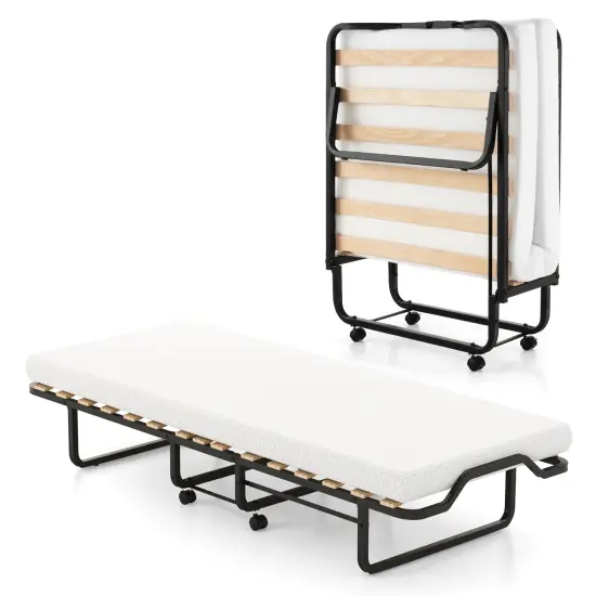 Twin Size Folding Bed with Foam Mattress and Lockable Wheels {4}
