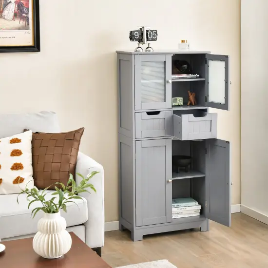 3 Tier Freer-Standing Bathroom Cabinet with 2 Drawers and Glass Doors Gray {5}