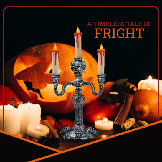 Skeleteen Haunted Halloween Candelabra Prop - LED Light up Skull Indoor Spooky Candelabra Candlesticks Holder Home Decoration for Halloween {4}