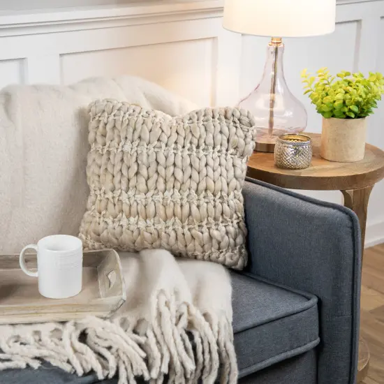 Northlight 16" Khaki Jumbo Knit Square Throw Pillow with Velvet Back Beige {3}