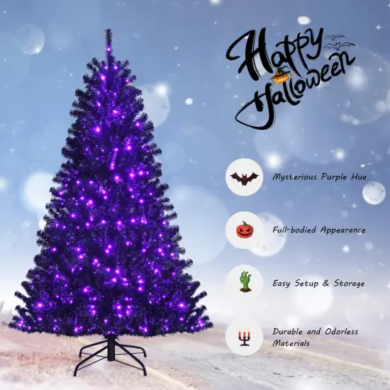 Black Artificial Christmas Halloween Tree with Purple LED Lights {6}
