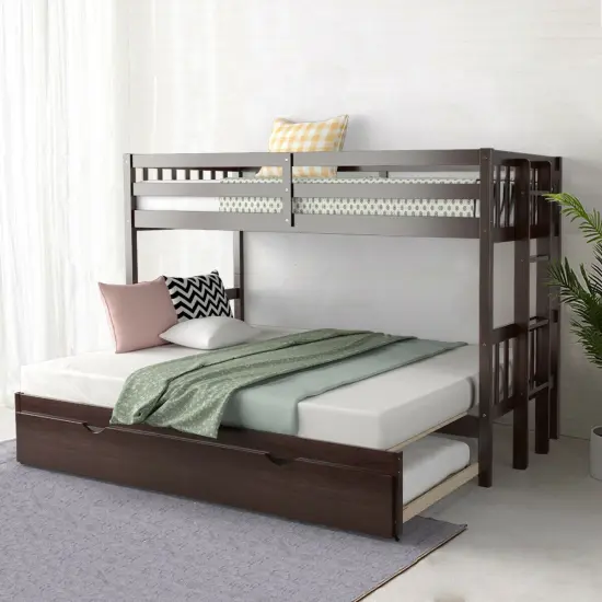 Dark Brown White Wood 4-in-1 Convertible Bunk Bed with Trundle and Ladder Espresso {6}
