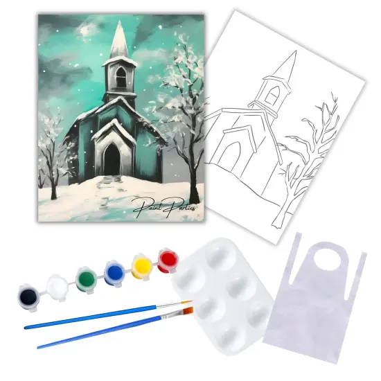 "Winter Church" DIY Canvas Art Kit, Adult Beginner, Acrylic Paint Size 11x14 inch {1}