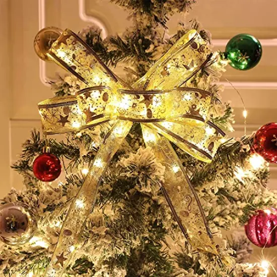 32ft (2x16ft) 100 LEDChristmas Tree Decorations Gold String Lights, Copper Wire Ribbon Bows Lights for Holiday Christmas Party Indoor Decorations (Gold Warm Light Battery Powered) {6}