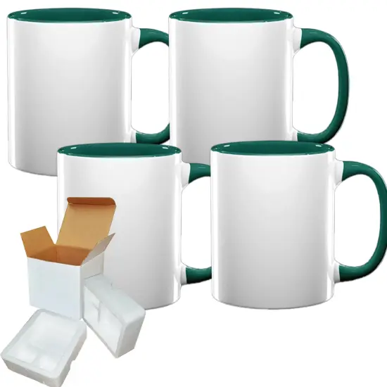 4-Pack of 11oz Sublimation Mugs with Hunter Green Inner And Handles, Includes Foam Shipping Box {1}