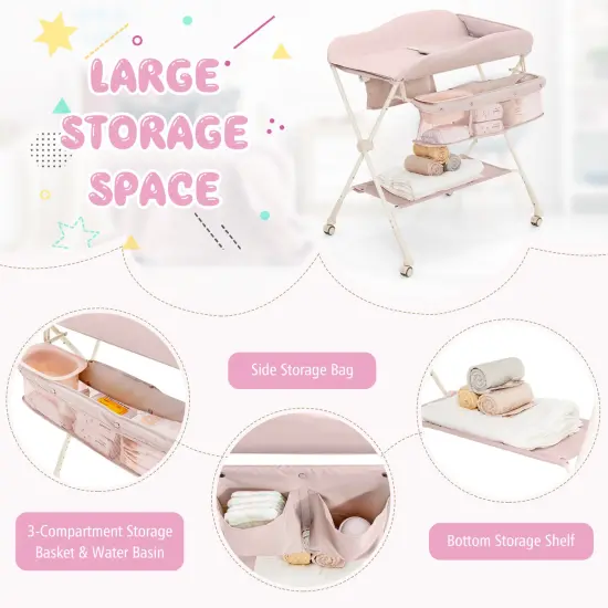 Baby Diaper Changing Table with Water Basin Wheel Pink {5}