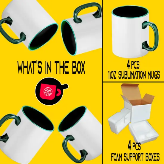 4-Pack of 11oz Sublimation Mugs with Hunter Green Inner And Handles, Includes Foam Shipping Box {2}