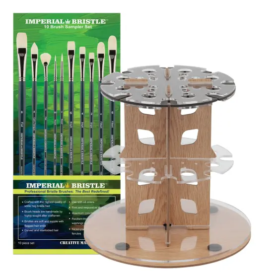 Mezzo Rotating Paint Brush Storage Rack w/ Oil Paint Brushes- Imperial Professional Chungking Handmade Natural Hog Bristle Brush Set- 10 Assorted Sizes w/ Brush Drying Carousel- Holds Up to 28 Brushes Multi {1}