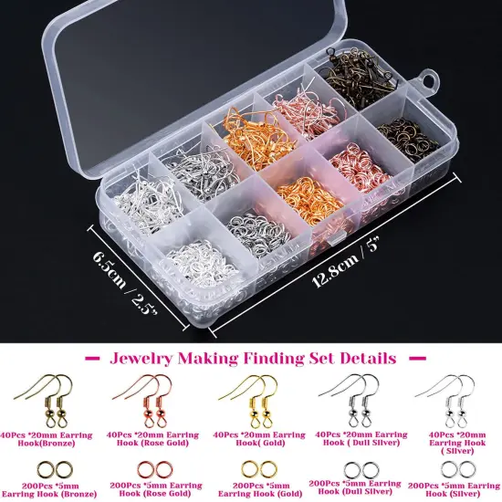 1400 Pieces Earring Hooks, Making Kit with 200pcs Ear Ring 1000pcs Jump Rings, Backs and Jewelry Pliers for Supplies Findings {1}