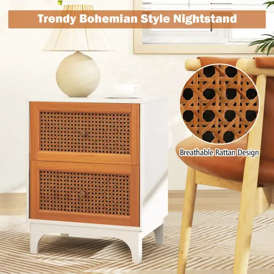 Costway 1/2 PCS Rattan Nightstand with Storage Wood End Sofa Side Table with 2 drawers Wood Legs {6}