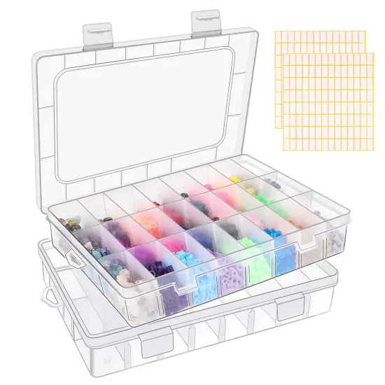 2 Pck 24 Grids Clear Plastic Organizer Box, Storage Container with Adjustable Divider, Craft and Bead Storage Organizer Box for DIY Jewelry Tackles with 2 Sheets Label Stickers {2}
