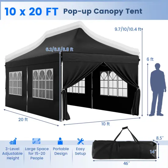 10 X 20 Ft Pop Up Canopy With 6 Sidewalls And Windows And Carrying Bag For Party Wedding Picnic Black {4}
