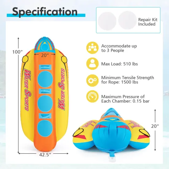 Costway 3-Person Inflatable Banana Boat with Boating & Water Sports 3 EVA-padded Seats {4}