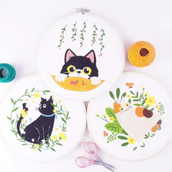 Embroidery Kit for Beginners, 3 Sets Embroidery Kit for Craft Lover Handy Stitch with Embroidery Fabric with Pattern,Full Range Accessories (Cats) Wildflower {3}