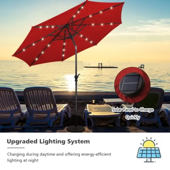 10 Feet Patio Solar Umbrella With Crank And Led Lights Dark Red {2}