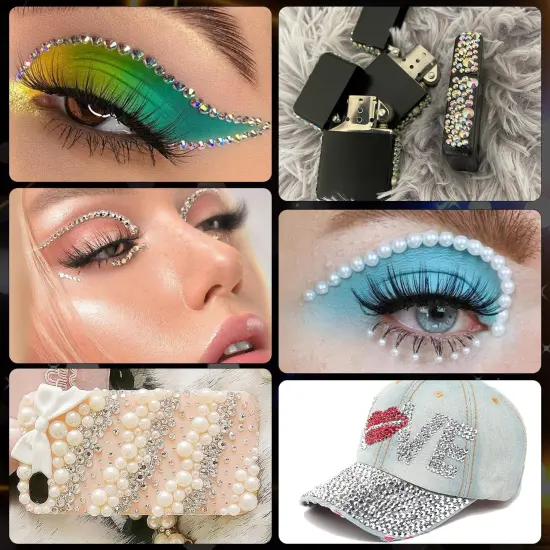 Rhinestones for Nails & Pearls, Manicure Kit with Nail Rhinestone Glue Gel, Flatback Glass Crystal AB + Clear Gems, White & Beige Half Round Pearls, Gem Glue for Nails (UV/LED Needed) with Tools {4}