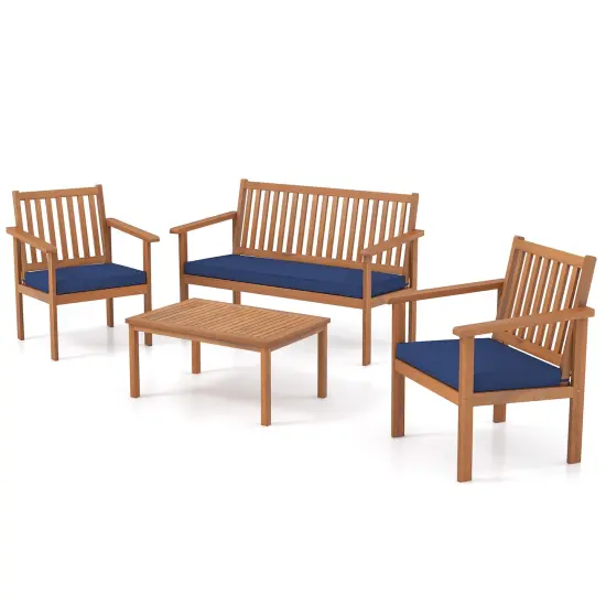 4 Piece Patio Wood Furniture Set Acacia Wood Sofa Set with Loveseat-Navy {4}