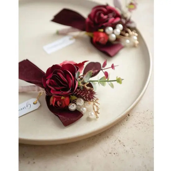 Boutonniere Set of 6 for Groom & Groomsmen Burgundy & dusty ros {4}